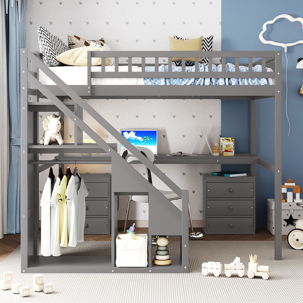 English Elm Full Size Loft Bed with Desk Drawers Led Strip and Staircase for Teen Rooms Gray LT000258AAE-1