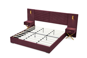 English Elm Queen Velvet Wingback Platform Bed Channel Tufted Upholstered Frame No Box Spring Red W1793S00053