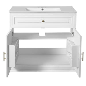 English Elm 36" Luxurious Bathroom Vanity with Ceramic Sink and Soft-Close Doors, Solid Wood Frame, Adjustable Shelves White N710P288944K