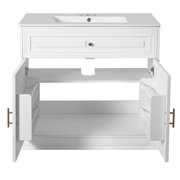 English Elm 36" Luxurious Bathroom Vanity with Ceramic Sink and Soft-Close Doors, Solid Wood Frame, Adjustable Shelves White N710P288944K