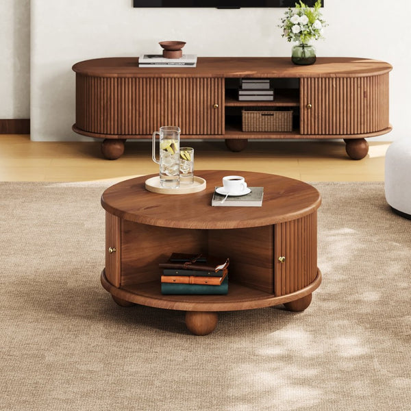 English Elm Round Fluted Pine Wood Coffee Table with Hidden Sliding Door Storage for Living Room Walnut N735P369879D