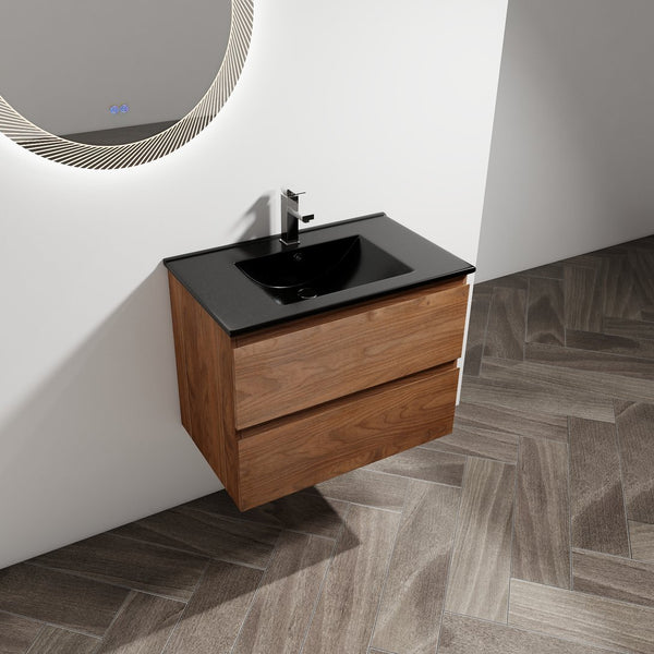 English Elm 30" Wall-Mounted Bathroom Vanity With Black Ceramic Sink & Soft-Close Drawers For Modern Spaces W999S00195