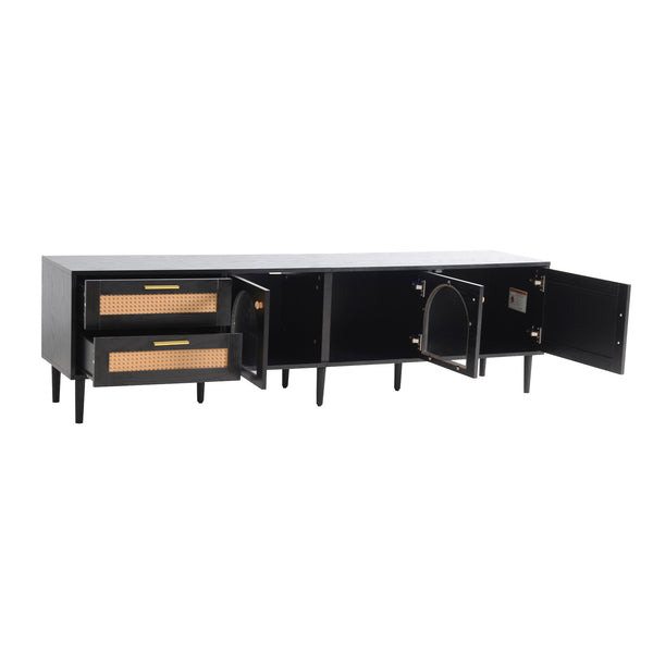 English Elm Rattan Black TV Stand with 3 Cabinets & 2 Rattan Drawers, LED Media Console, Cable Management, 80" N710P206015B
