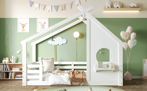English Elm Twin House Bed Low Profile Pine Wood Frame with Shelf Montessori Kids Floor Sleeping White W5305P429642