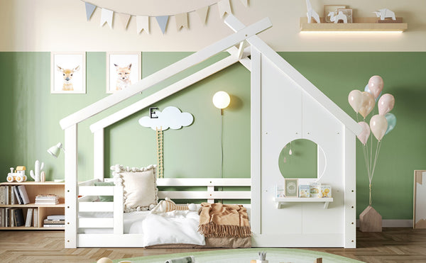 English Elm Twin House Bed Low Profile Pine Wood Frame with Shelf Montessori Kids Floor Sleeping White W5305P429642