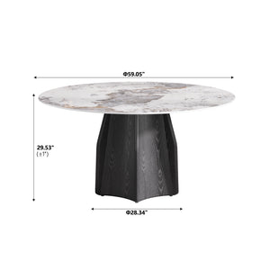 English Elm 59.05" Round Marble Dining Table For 6-8 People - Modern Artificial Stone With Black Oak Base W1535S00459