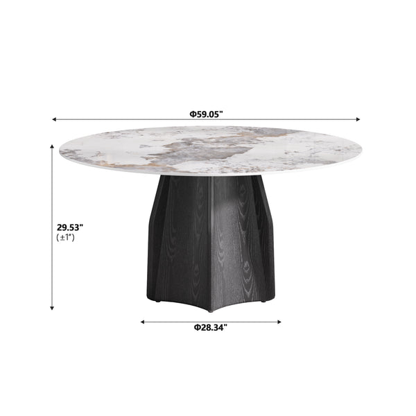 English Elm 59.05" Round Marble Dining Table For 6-8 People - Modern Artificial Stone With Black Oak Base W1535S00459