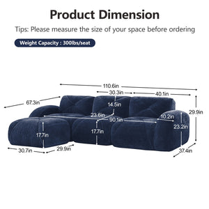 English Elm L-shaped Velvet Sectional Sofa Tufted Modular Seating with Ottoman for Living Room Blue W714S01620