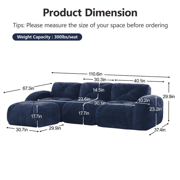 English Elm L-shaped Velvet Sectional Sofa Tufted Modular Seating with Ottoman for Living Room Blue W714S01620