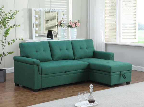 English Elm Jardin Reversible L-shaped Sectional Sleeper Sofa with Chaise Storage and Tufted Fabric Green B2749S00008