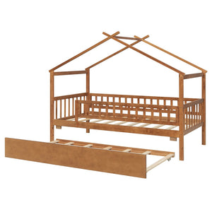 English Elm Twin House Bed with Trundle Solid Pine Frame Walnut Kids Bedroom Sleepover N708P357115L