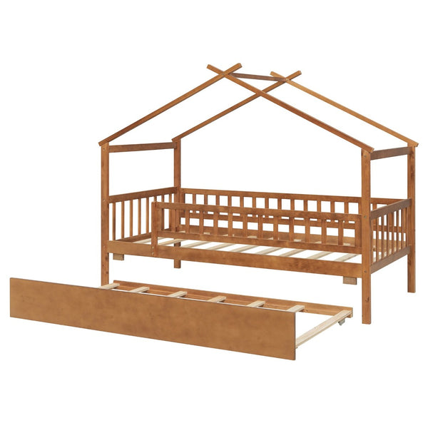 English Elm Twin House Bed with Trundle Solid Pine Frame Walnut Kids Bedroom Sleepover N708P357115L