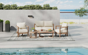 English Elm Christopher Knight Home® - 5-Pieces Acacia Wood Patio Set with Plush Beige Cushions, Coffee & End Tables, Durable Outdoor Seating N780P7230308