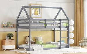 English Elm Twin Rubber Wood Floor Bunk Bed House-Shaped Design with Ladder Guardrails Sturdy Low-Profile Retreat Grey W504P206863