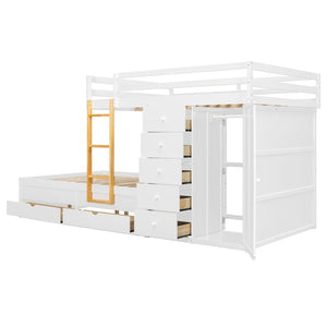 English Elm Full Size Bunk Bed with Integrated Drawers Wardrobe Mdf Solid Wood Kids Storage White LT000463AAK