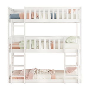 English Elm Twin Triple Rubberwood Bunk Bed with Ladders & Guardrails, Space-Saving Modular Design for Families White W504S00171
