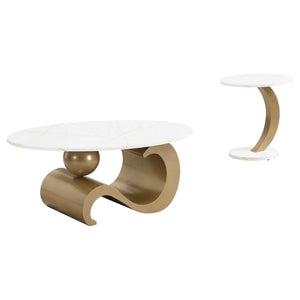 English Elm Modern Nesting Coffee Table Set - Stylish Oval & Round Side Tables With Golden Metal Frame, Chic Design W821S00001-GIGA