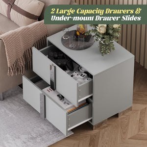 English Elm Modern Two Drawer Nightstand with Slim Metal Legs and Mirrored Bar Handles for Bedroom Grey W5271P416539