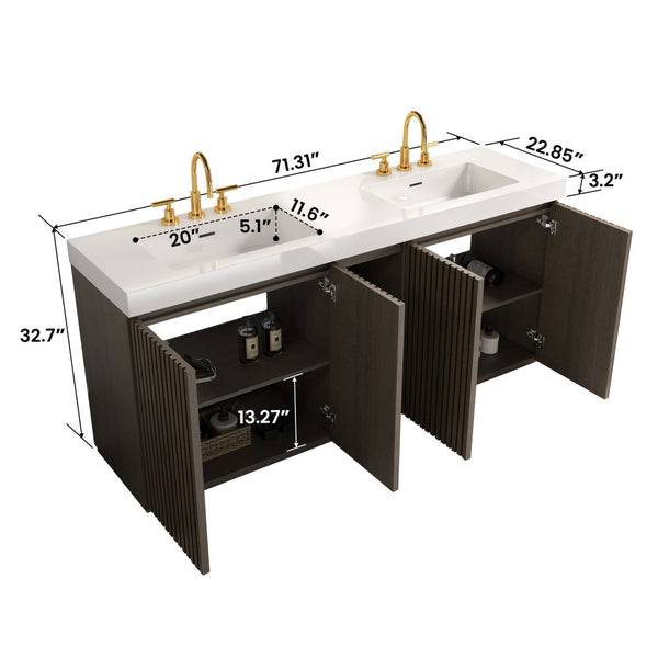 English Elm Galan 72 Inch Double Sink Vanity Fluted Wood Quartz Top Freestanding Bathroom Cabinet Oak,Smoke W1865S00227