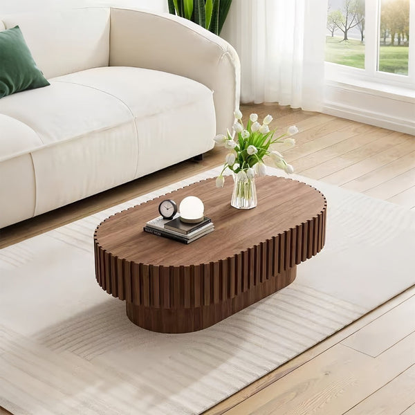 English Elm Oval Fluted Walnut Coffee Table Sculptural Pedestal Base Mid Century Living Room W3204P391004