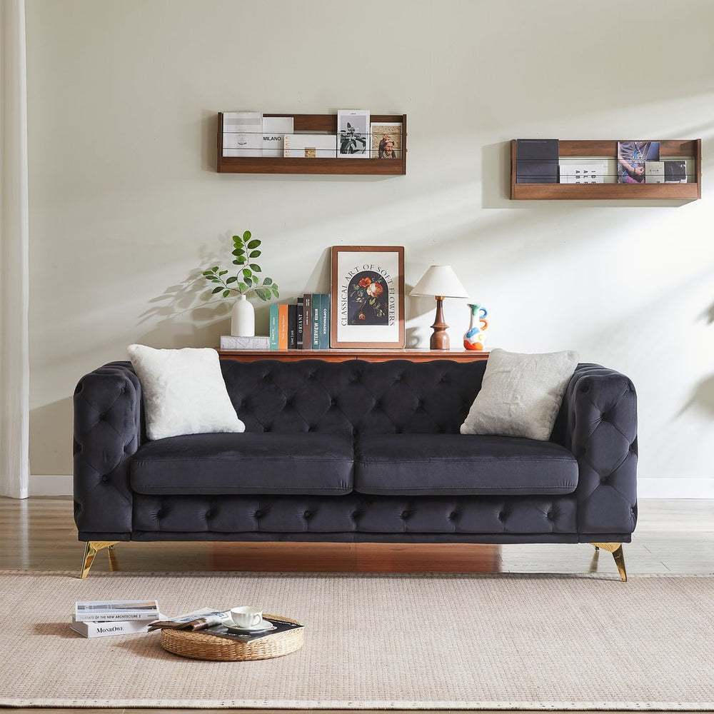 English Elm FX Velvet Chesterfield Sofa 82.5" Deluxe Tufted Design with 2 Pillows, Metal Legs, 750lb Capacity Black W1926S00072