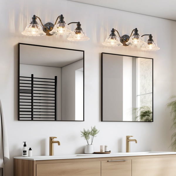 English Elm 24 Vintage 3-Light Bathroom Wall Sconce with Iron and Glass Shades - Elegant Vanity Fixture for Mirror Black W1340P284601