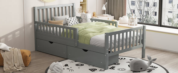 English Elm Twin Pinewood Platform Bed with Headboard, Guardrails & Two Underbed Drawers for Storage Gray 70.6 L x 17.1 W x 5.9 H N733P172696E