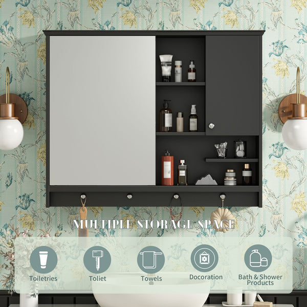 English Elm 36 Inch Wall Mounted Medicine Cabinet with HD Mirror, Adjustable Shelves, Towel Hooks, Modern Style Black N710P254924B