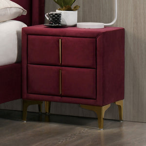 English Elm Red Glam Nightstand with Gold-Coated Legs, Fully Upholstered Flannelette Bedside Table, 22"W x 24"H B2741P350273