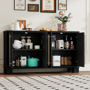 English Elm Trexm Ash Veneer Buffet with Gold Handles Matte Black Lacquer Dining Storage N715P232696B