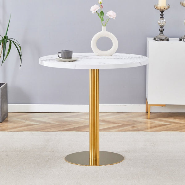 English Elm 31.5 Inch Round Dining Table Dark Grain Mdf Top Metal Base for Small Spaces White+Gold W1151P235231