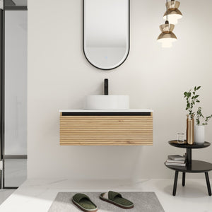 English Elm 30'' Floating Bathroom Vanity with Ceramic Vessel Sink and Soft Close Drawer W999S00359