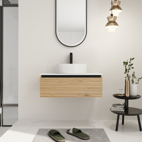 English Elm 30'' Floating Bathroom Vanity with Ceramic Vessel Sink and Soft Close Drawer W999S00359