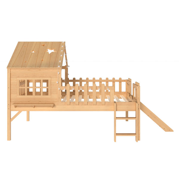 English Elm Twin Playhouse Loft Bed Solid Pine Frame with Slide Led Lights and Star Roof Natural W5316S00005