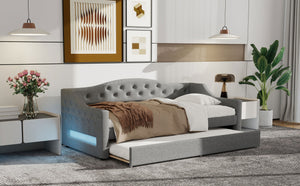 English Elm Upholstered Twin XL Daybed with Built-In LED Belt and Trundle, Linen Backrest, Modern Guest Bed Gray DL002050AAE