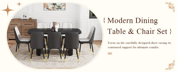 English Elm Table With 8 Ergonomic Chairs – Stylish Black Wood Grain Dining Set For Modern Homes & Gatherings W1151S04179-GIGA