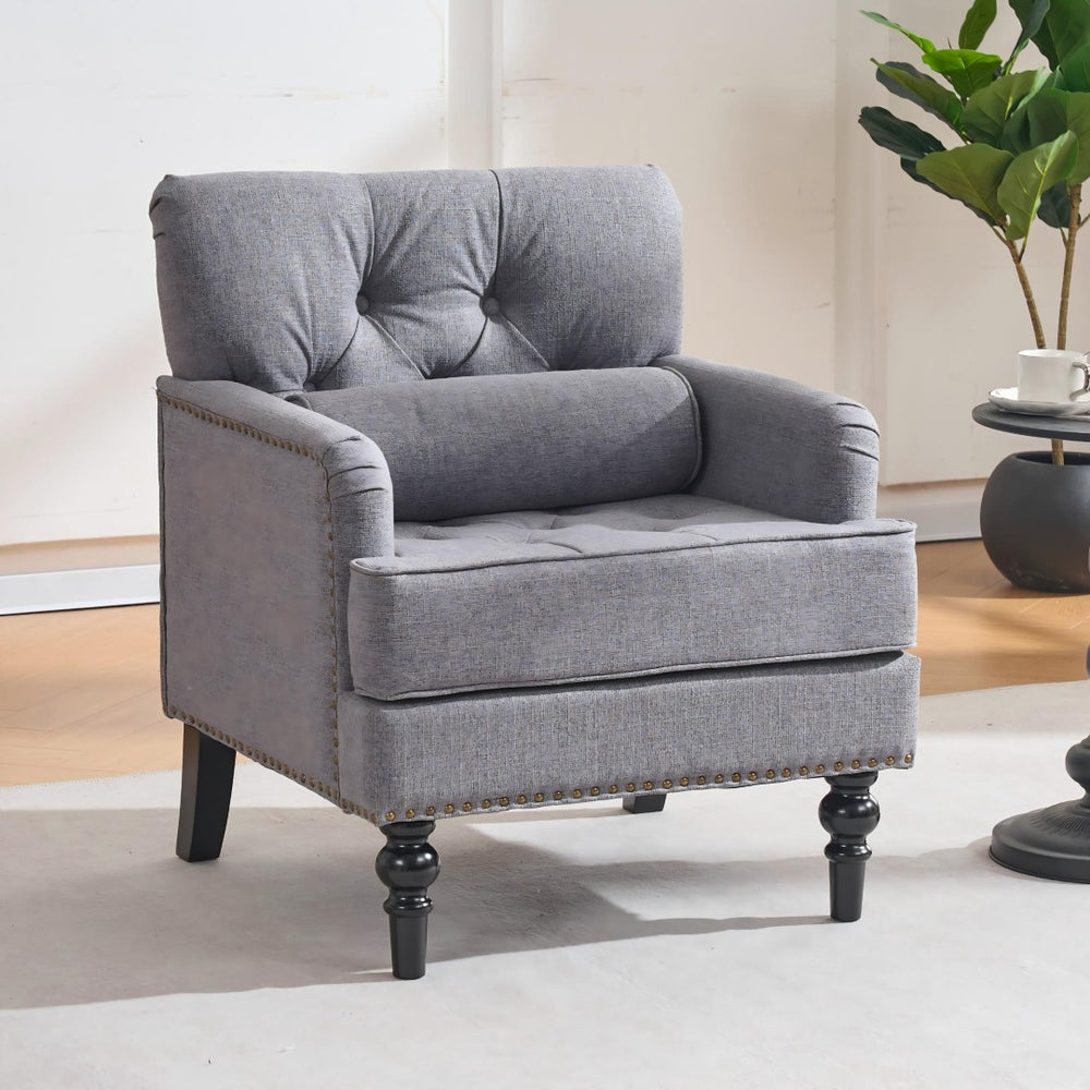 English Elm Tufted Linen Corduroy Accent Chair Studded Trim Mid Century Modern Bedroom Lounge W3523P450234