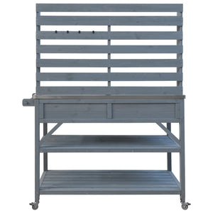 English Elm K&K 64.9" Outdoor Potting Bench with 1.2" Stainless Steel Top, Lockable Wheels, Hutch & Drawers Grey+Blue N707P228274G
