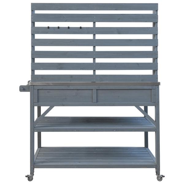 English Elm K&K 64.9" Outdoor Potting Bench with 1.2" Stainless Steel Top, Lockable Wheels, Hutch & Drawers Grey+Blue N707P228274G