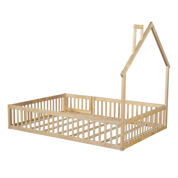 English Elm Wood House Platform Bed Full Size with Guardrail & Playful Frame, Sturdy Pine, Kid-Safe Design Natural N709P171852M