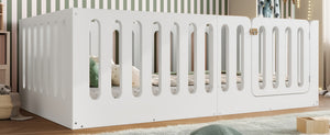 English Elm Twin Solid Pine Montessori Floor Bed with House Frame Door and Safety Fence Light White W5305P420632