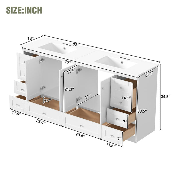 English Elm 72" Freestanding Shaker Bathroom Vanity Double Ceramic Sink Eight Soft Close Drawers N729P000032K