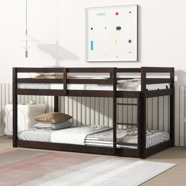 English Elm Solid Wooden Twin Over Twin Bunk Bed With Ladder - Durable Rubberwood, Espresso Finish, Space-Saving Design W504P191655-GIGA