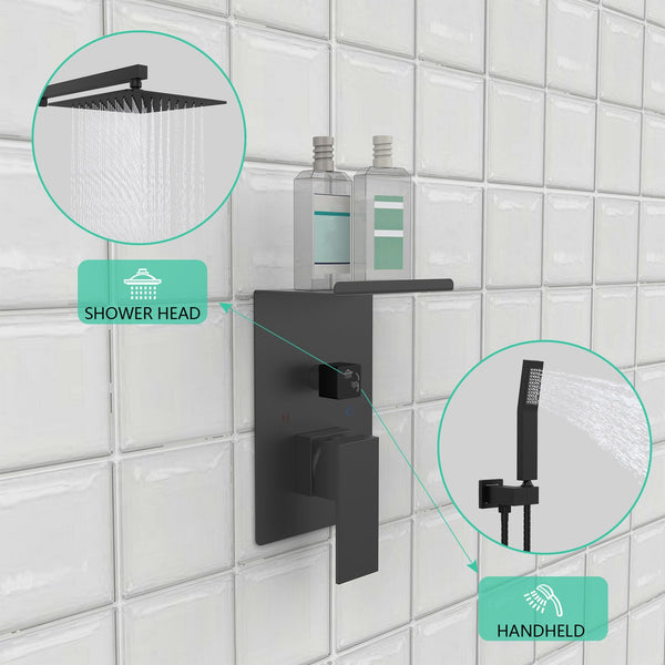 English Elm Rainfall Luxury Shower System with 10" Square Head, High-Pressure Rain + Handheld and Storage Rack Matte Black T3177P269148