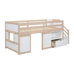 English Elm Solid Pine Twin Low Loft Bed with Stair Drawer Shelf Playhouse Frame for Kids W697S00036