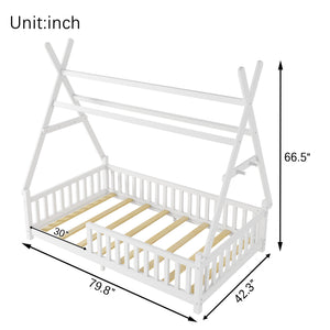 English Elm Twin House Bed with Roof and Guardrails, Low Floor Kids Playhouse Bed with Tent and Lights, Cozy Design White 80.91 L x 15.55 W x 6.5 H W2593P296909