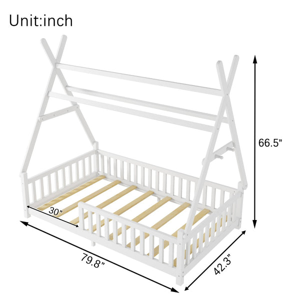 English Elm Twin Montessori Floor Bed House Frame with Led Lighting and Safety Rails for Kids White W2593P440571