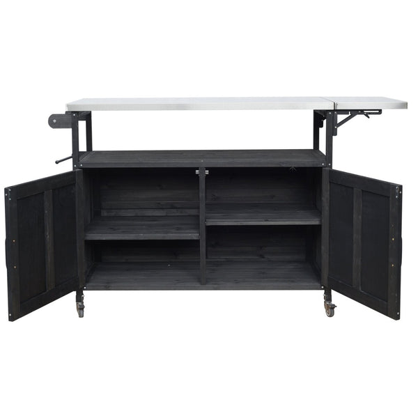 English Elm Foldable Outdoor Kitchen Cart with Stainless Worktop Fir Wood Frame and Lockable Wheels Black N719P380279B