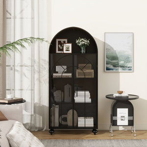 English Elm Modern Arched Storage Cabinet Antique Black Steel & Tempered Glass Doors Industrial Farmhouse Display W3122P272652