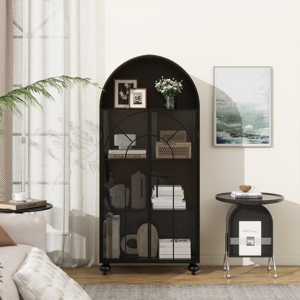 English Elm Modern Arched Storage Cabinet Antique Black Steel & Tempered Glass Doors Industrial Farmhouse Display W3122P272652
